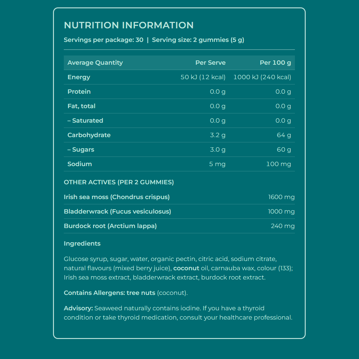Nutrition information panel for gummies on a teal background